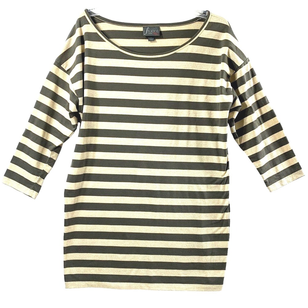 Fluent Life Womens Large L Tunic Top‎ Gray Gold Metallic Stripe Pullover Stretch